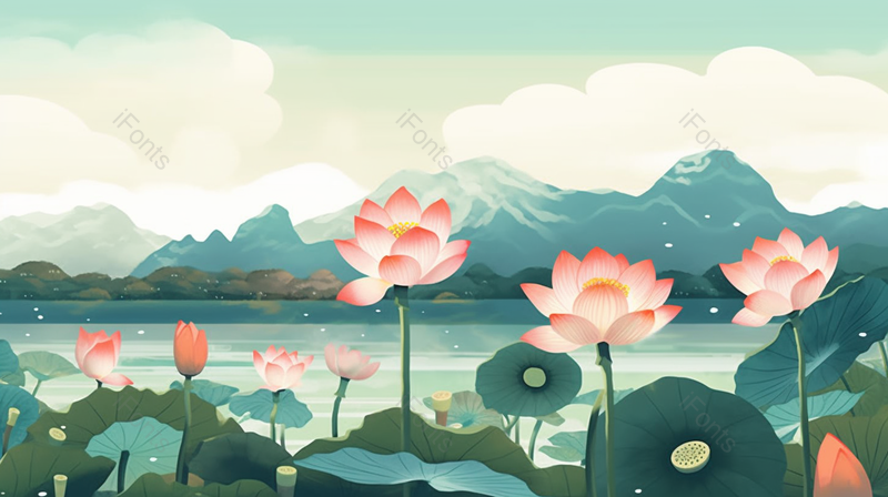 夏季湖水岸边盛开的莲花,插画/手绘图,插画/手绘图库,插画/手绘图下载,插画/手绘